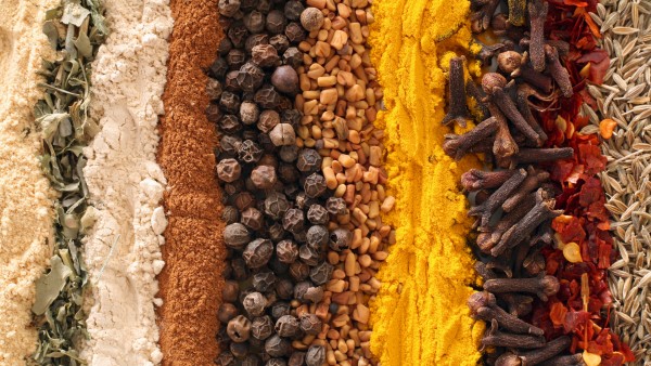 An assortment of spices used in curries. From left: ginger, methi (fenugreek leaves), garlic powder, cinnamon, black pepper, fenugreek seets, turmeric, cloves, crushed chilies, cumin seeds.